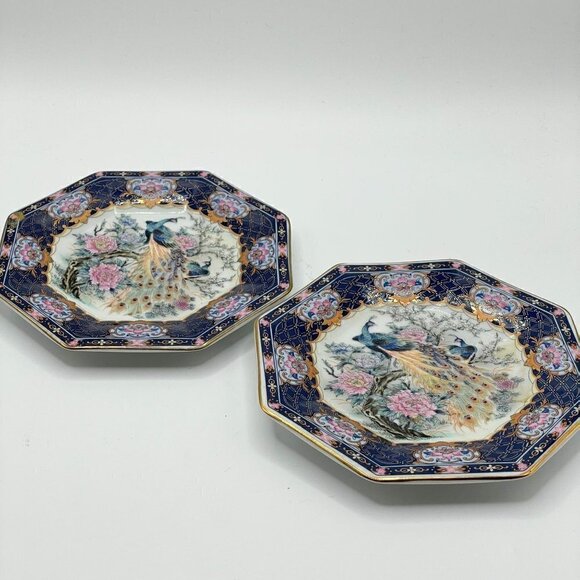 Vintage Set Octagonal Peacock Chinoiserie Transferware Porcelain Plates Japan - Picture 2 of 7